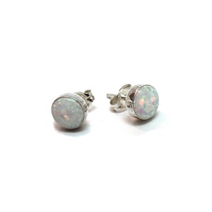 White Opal Round Stud Earrings in Sterling Silver